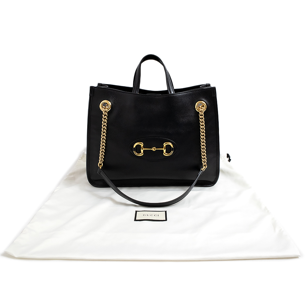 Gucci Horsebit 1955 2way Chain Medium Tote Handbag Calfskin Leather Black - Picture 2 of 9